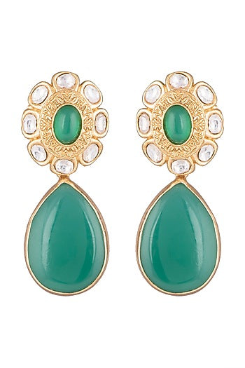 Gold Finish Kundan Polki & Green Stone Earrings