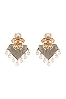 Gold Finish Faux Pearl & Grey Stone Earrings