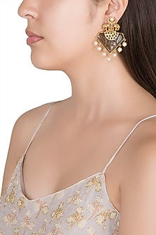 Gold Finish Faux Pearl & Grey Stone Earrings
