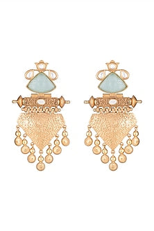 Gold Finish Faux Pearl & Turquoise Stone Earrings