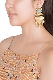Gold Finish Faux Pearl & Turquoise Stone Earrings