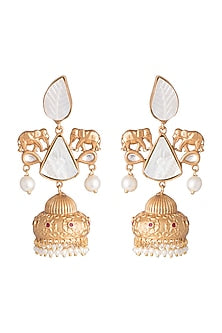 Gold Finish Faux Pearl & White Stone Earrings