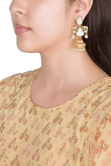 Gold Finish Faux Pearl & White Stone Earrings