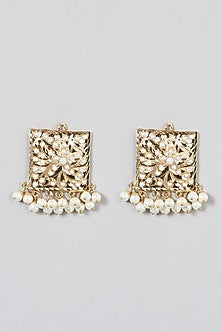 Gold Finish Kundan Polki & Beaded Stud Earrings