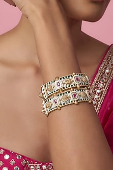 Gold Finish Kundan Polki & Multi-Colored Stone Temple Bangles (Set Of 2)