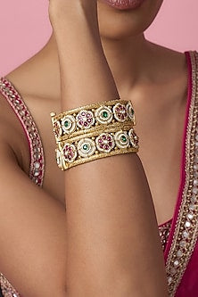 Gold Finish Kundan Polki & Multi-Colored Stone Temple Bangles (Set Of 2)