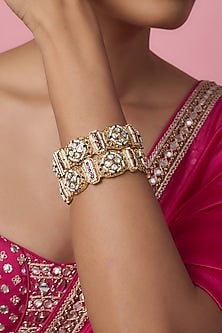 Gold Finish Kundan Polki & Multi-Colored Stone Temple Bangles (Set Of 2)