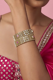 Gold Finish Kundan Polki & Multi-Colored Stone Temple Bangles (Set Of 2)