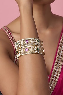 Gold Finish Kundan Polki & Multi-Colored Stone Temple Bangles (Set Of 2)