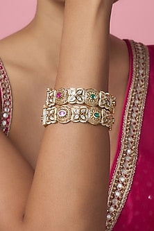 Gold Finish Kundan Polki & Multi-Colored Stone Temple Bangles (Set Of 2)