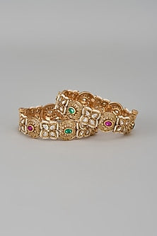 Gold Finish Kundan Polki & Multi-Colored Stone Temple Bangles (Set Of 2)