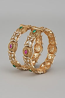 Gold Finish Kundan Polki & Multi-Colored Stone Temple Bangles (Set Of 2)