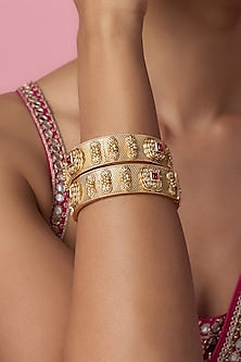 Gold Finish Kundan Polki & Red Stone Temple Bangles (Set Of 2)