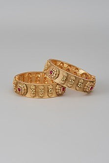 Gold Finish Kundan Polki & Red Stone Temple Bangles (Set Of 2)