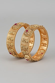 Gold Finish Kundan Polki & Red Stone Temple Bangles (Set Of 2)