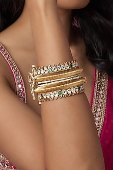 Gold Finish Kundan Polki & Green Stone Temple Bangles (Set Of 2)