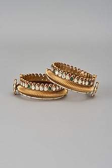 Gold Finish Kundan Polki & Green Stone Temple Bangles (Set Of 2)