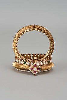 Gold Finish Kundan Polki & Green Stone Temple Bangles (Set Of 2)
