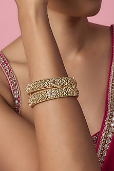 Gold Finish Kundan Polki & Red Stone Temple Bangles (Set Of 2)