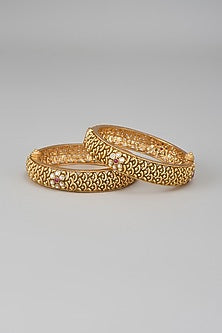 Gold Finish Kundan Polki & Red Stone Temple Bangles (Set Of 2)