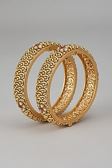Gold Finish Kundan Polki & Red Stone Temple Bangles (Set Of 2)