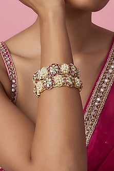 Gold Finish Kundan Polki & Multi-Colored Stone Temple Bangles (Set Of 2)