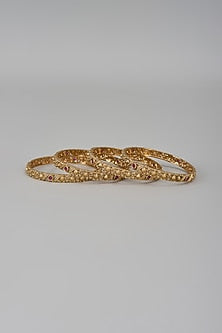 Gold Finish Kundan Polki & Red Stone Temple Bangles (Set Of 4)