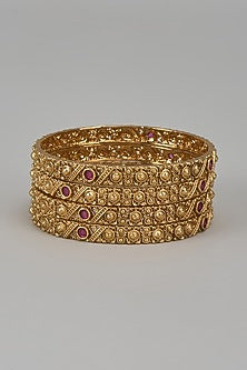 Gold Finish Kundan Polki & Red Stone Temple Bangles (Set Of 4)