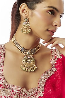 Gold Finish Kundan Polki & Multi-Colored Stone Temple Choker Necklace Set