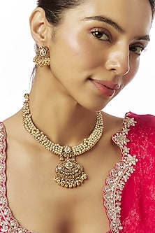 Gold Finish Kundan Polki & Pearl Temple Long Necklace Set