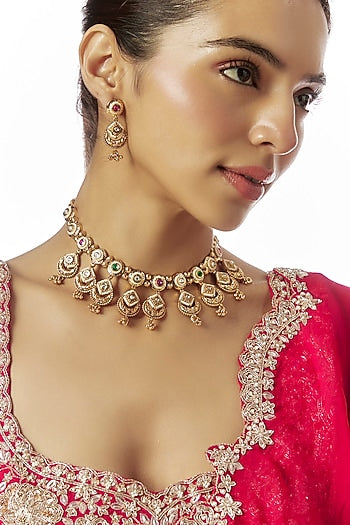 Gold Finish Kundan Polki & Multi-Colored Stone Temple Layered Necklace Set