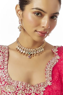 Gold Finish Kundan Polki & Multi-Colored Stone Temple Necklace Set