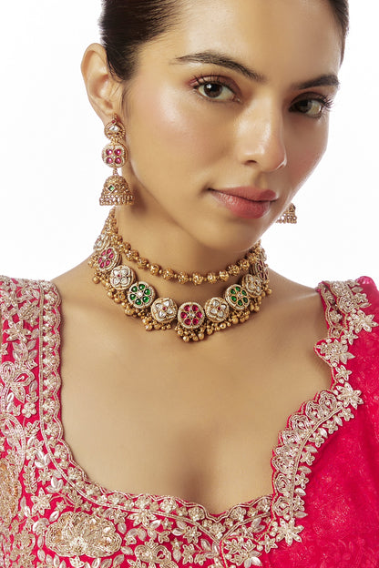 Gold Finish Kundan Polki & Multi-Colored Stone Temple Long Necklace Set