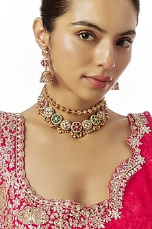 Gold Finish Kundan Polki & Multi-Colored Stone Temple Long Necklace Set