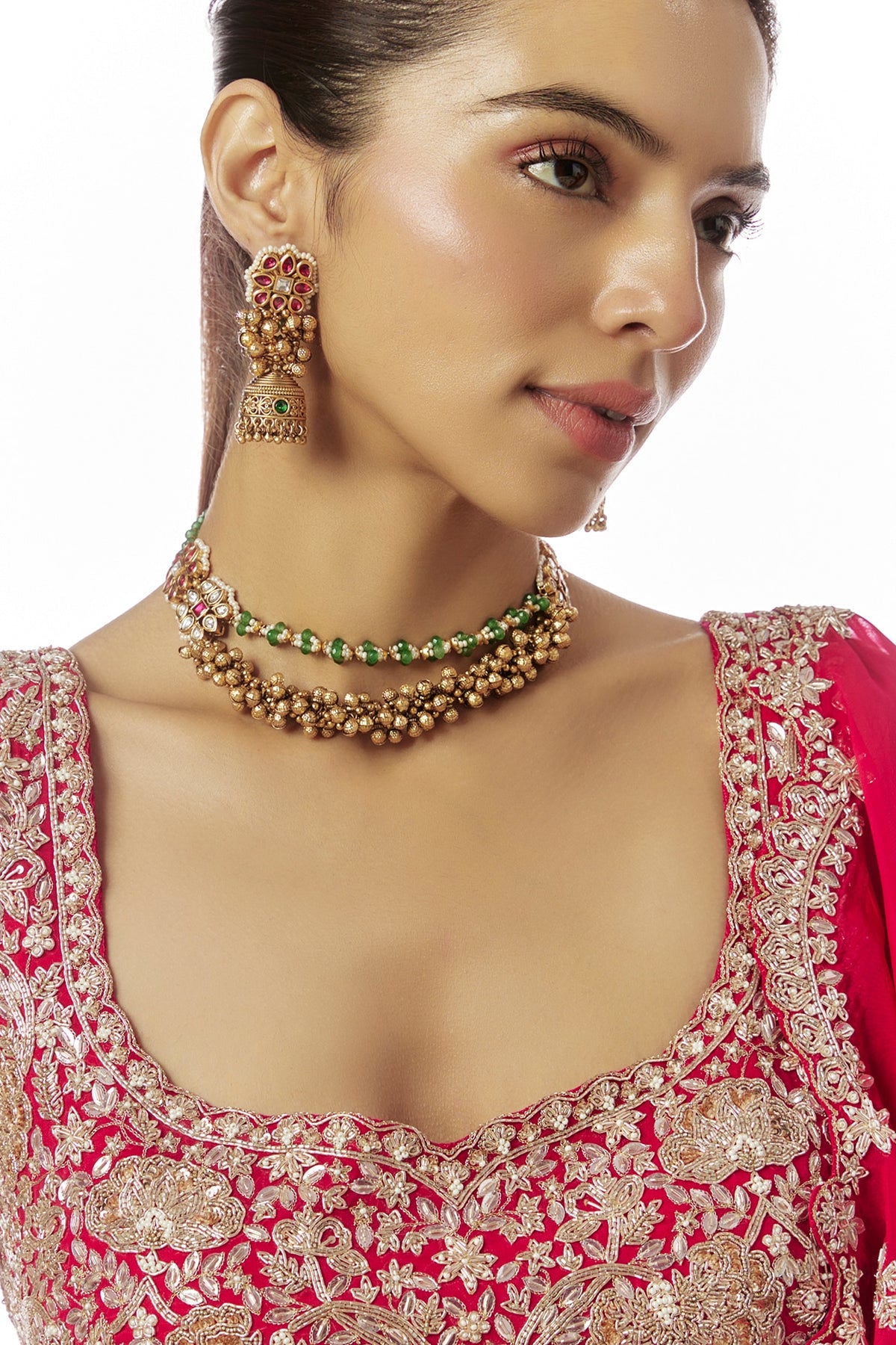 Gold Finish Kundan Polki & Multi-Colored Stone Temple Layered Necklace Set