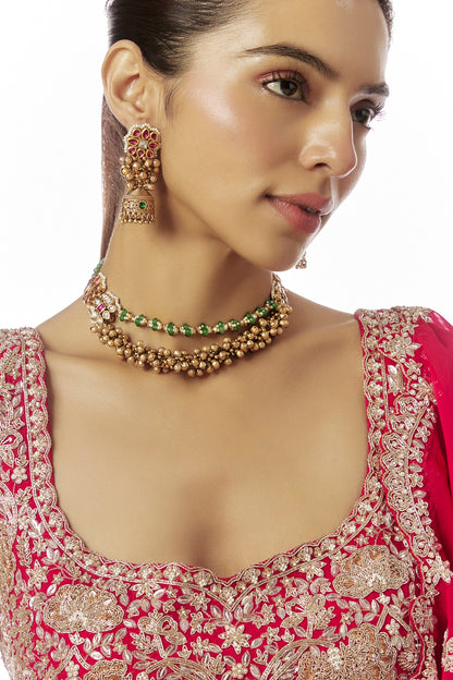 Gold Finish Kundan Polki & Multi-Colored Stone Temple Layered Necklace Set