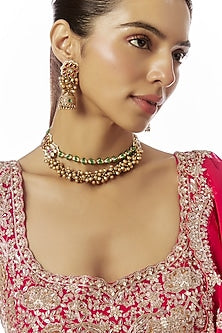 Gold Finish Kundan Polki & Multi-Colored Stone Temple Layered Necklace Set