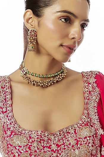 Gold Finish Kundan Polki & Multi-Colored Stone Temple Layered Necklace Set