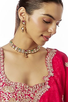 Gold Finish Kundan Polki & Multi-Colored Stone Temple Necklace Set