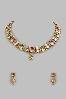 Gold Finish Kundan Polki & Multi-Colored Stone Temple Necklace Set