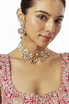 Gold Finish Kundan Polki & Red Stone Temple Choker Necklace Set