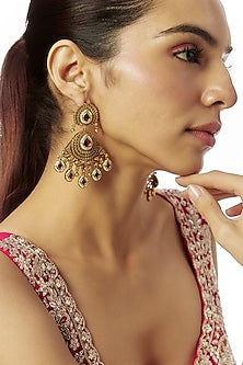 Gold Finish Kundan Polki & Red Stone Temple Dangler Earrings