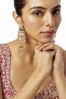 Gold Finish Kundan Polki & Multi-Colored Stone Temple Dangler Earrings