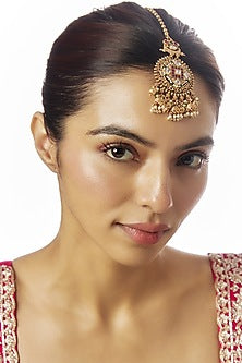 Gold Finish Kundan Polki & Red Stone Temple Maangtikka