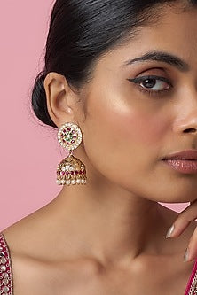 Gold Finish Kundan Polki & Red Stone Temple Jhumka Earrings