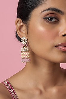 Gold Finish Kundan Polki & Pink Stone Temple Jhumka Earrings