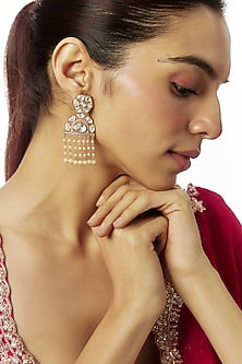 Gold Finish Kundan Polki & Pearl Temple Dangler Earrings