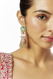 Gold Finish Kundan Polki & Green Stone Temple Jhumka Earrings