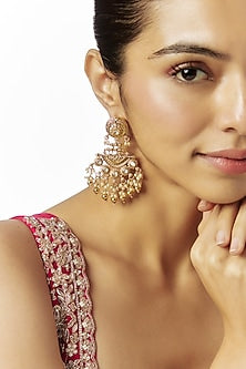 Gold Finish Kundan Polki & Red Stone Temple Dangler Earrings