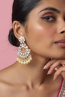 Gold Finish Kundan Polki & Pearl Temple Chandbaali Earrings